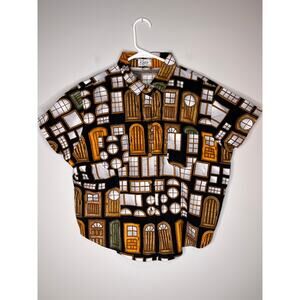 1970s Keno Irene Herrera Brown Black Doors Windows Artsy Boxy Button Up Shirt L